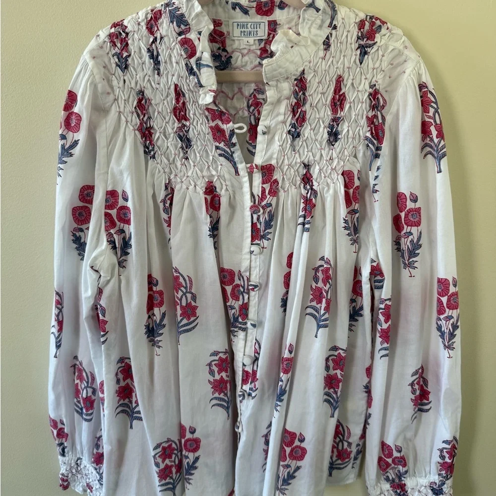 Pink Clover Floral Women's Blouse - White and Red - Picture 1 of 5